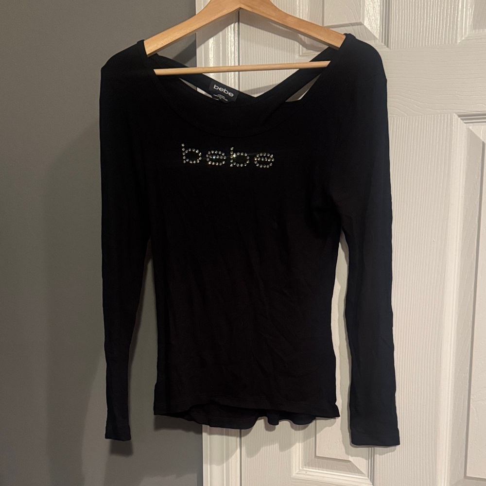 bebe Black Long Sleeve Rhinestone Logo Tee